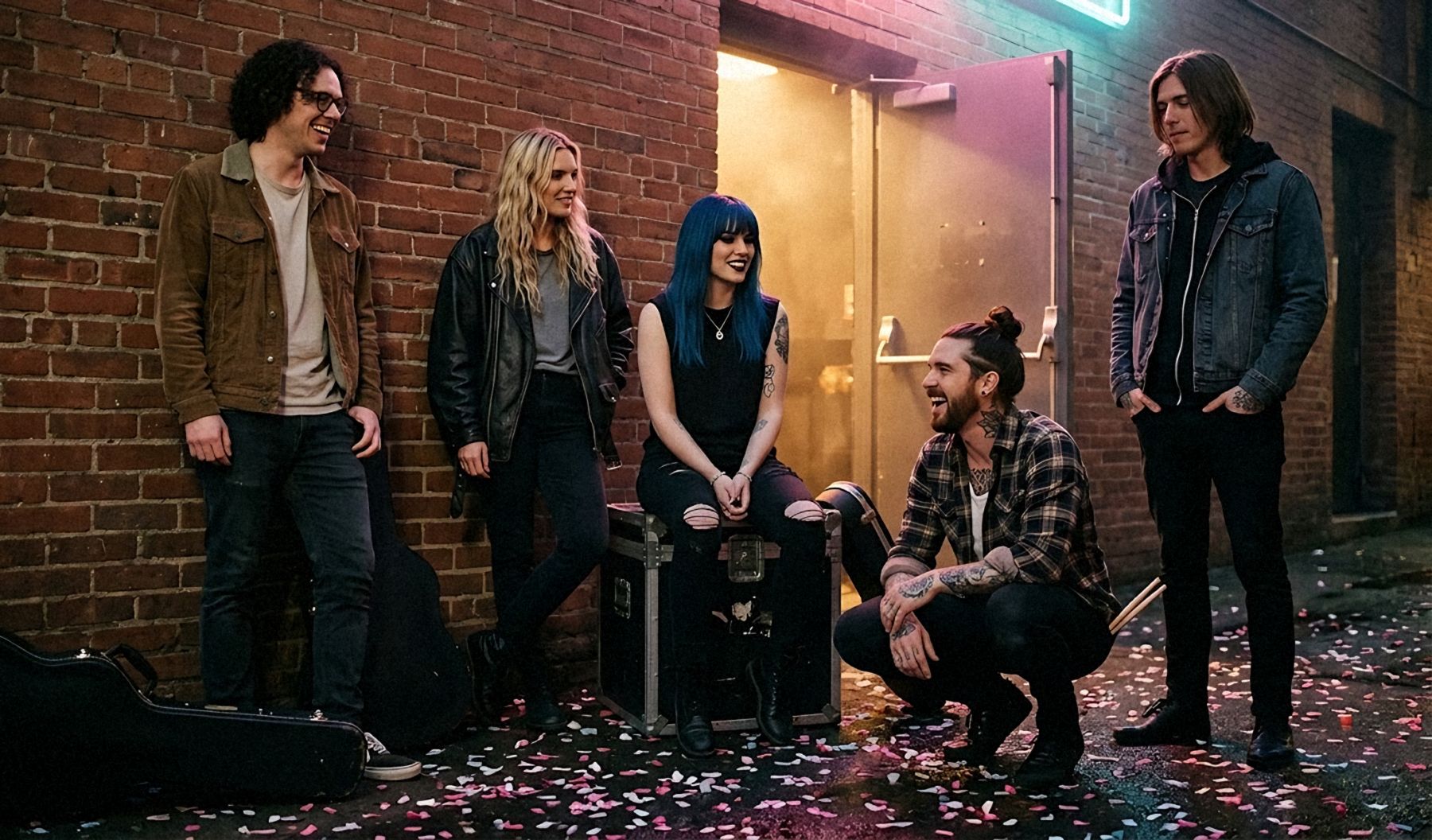 Hypersonic Heartline laughing in the alley behind a venue after a show, confetti on the wet pavement