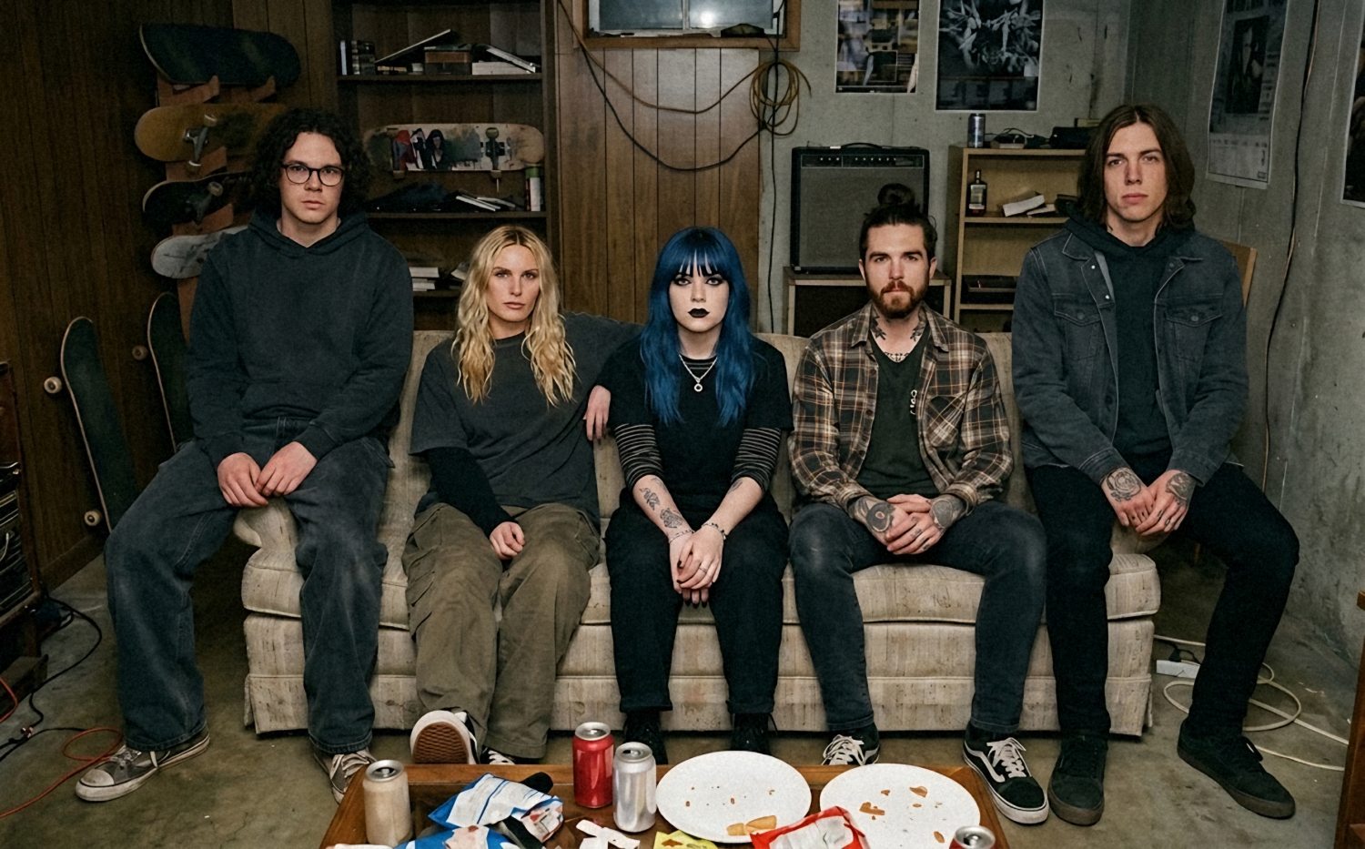 Hypersonic Heartline sitting on a worn couch in a basement rehearsal room, looking at the camera