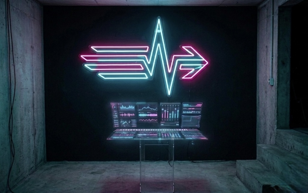 Studio with neon logo and microphone